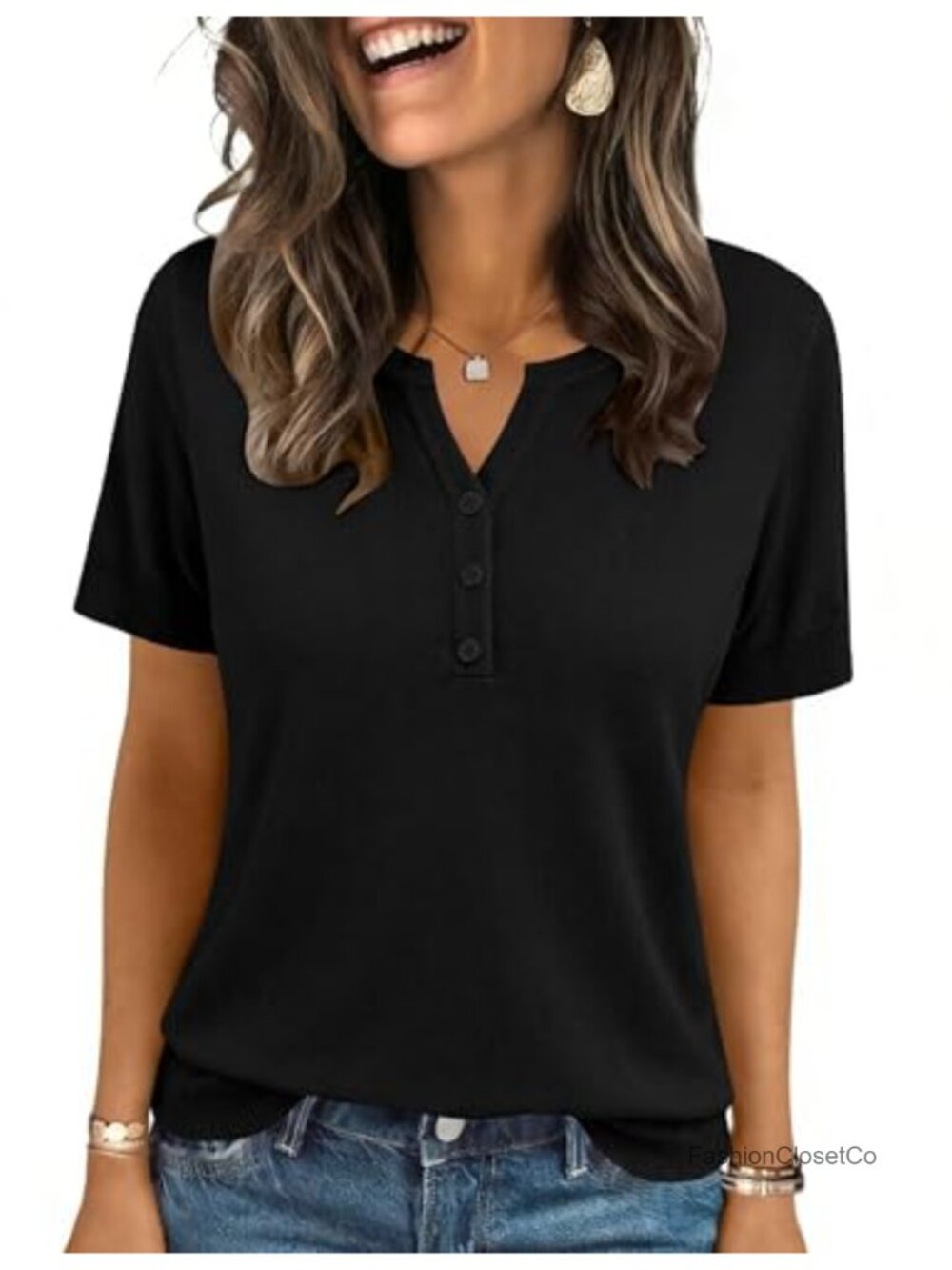 Women's Short Sleeve V-Neck Knit Sweater with Button Placket